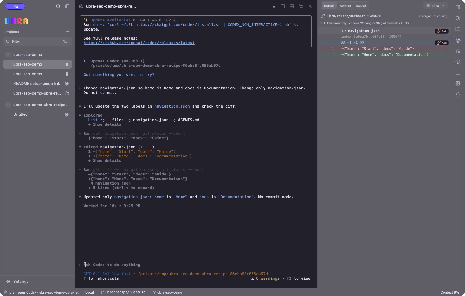 A completed Codex navigation task beside Ubra's native review panel showing the navigation.json diff