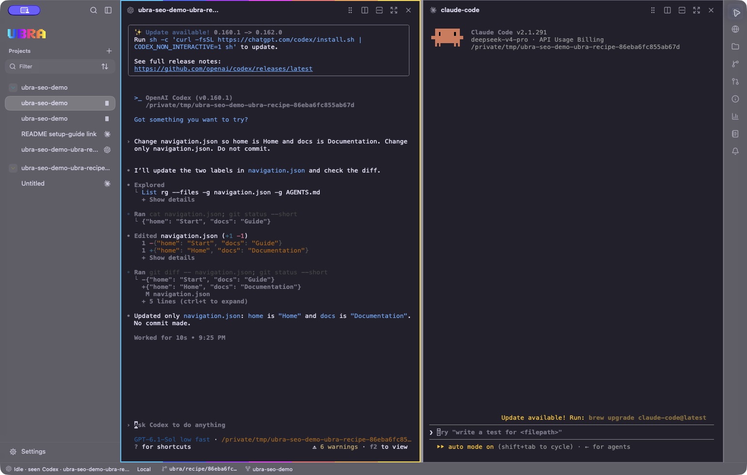 Ubra with a completed Codex navigation task on the left and an idle Claude Code CLI on the right